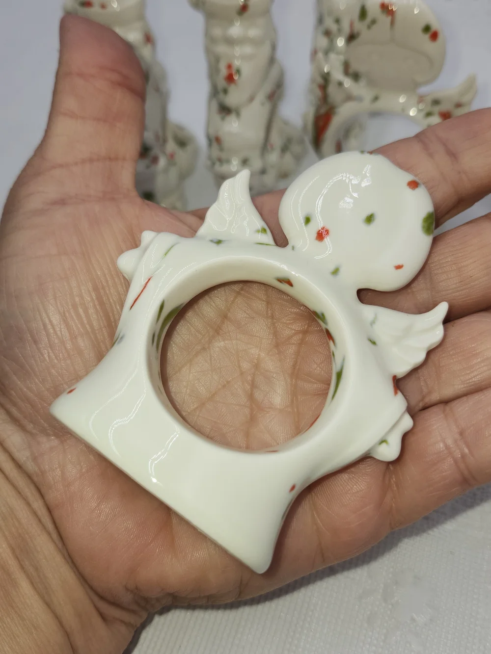 Vintage Christmas Holiday Angel Santa hand painted napkin rings table Drip Glaze